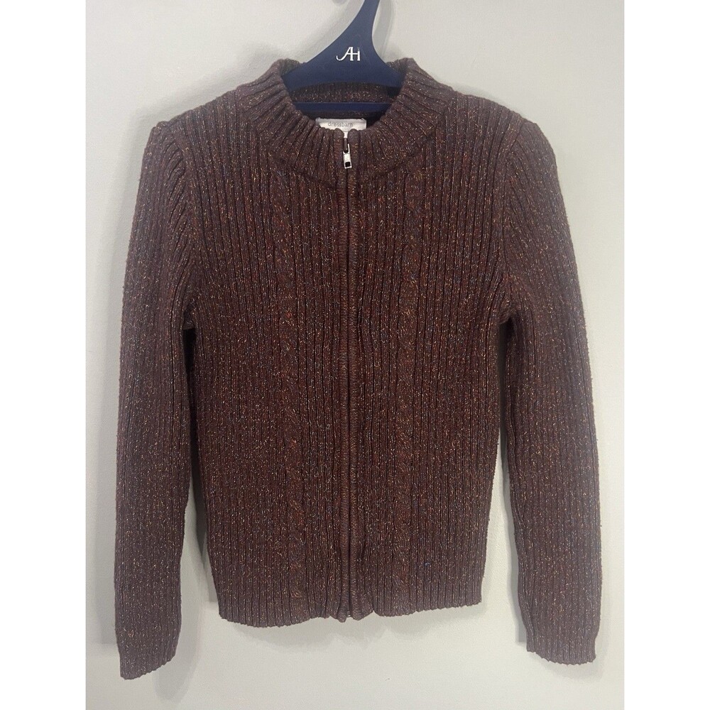 Dressbarn Women's Small Brown Zip Up Cardigan Sweater Knit Mock Neck Cozy Earthy